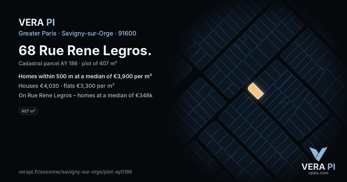 68 Rue Rene Legros, Savigny-sur-Orge at night – the plot lit, the parcels around coloured by the prices near them
