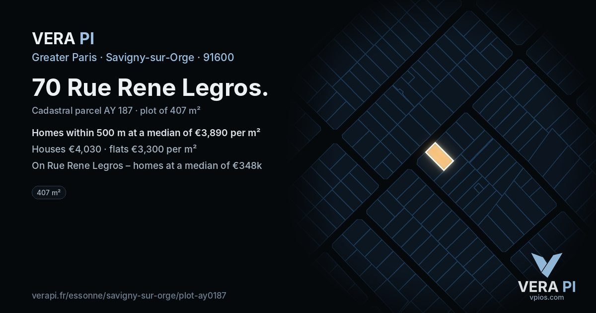70 Rue Rene Legros, Savigny-sur-Orge at night – the plot lit, the parcels around coloured by the prices near them