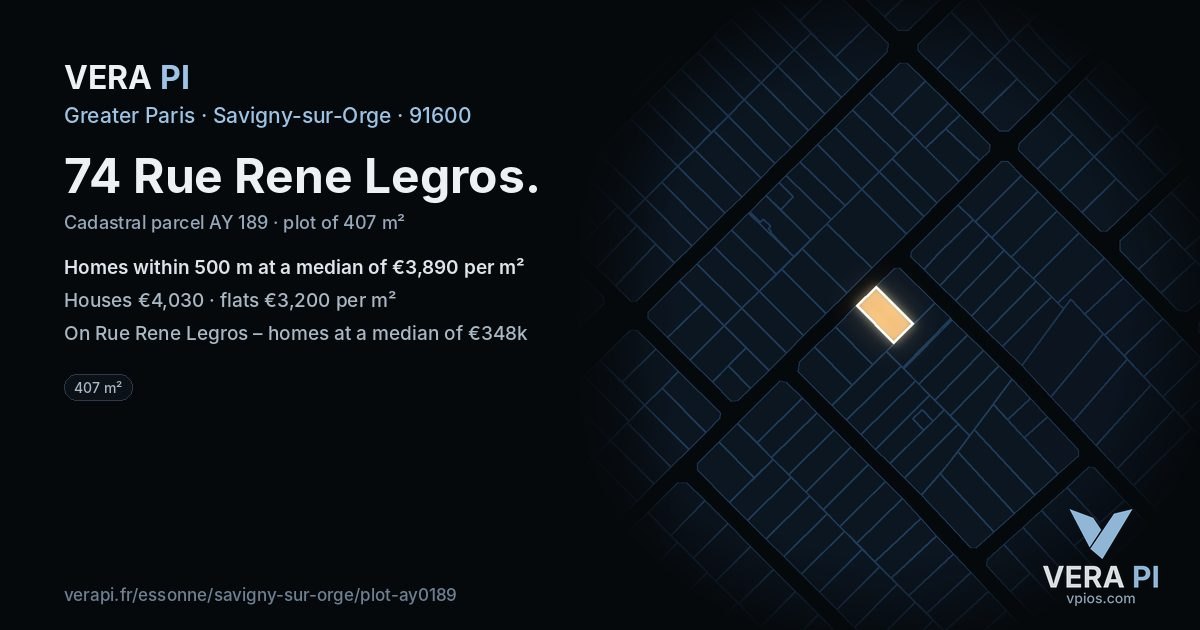 74 Rue Rene Legros, Savigny-sur-Orge at night – the plot lit, the parcels around coloured by the prices near them