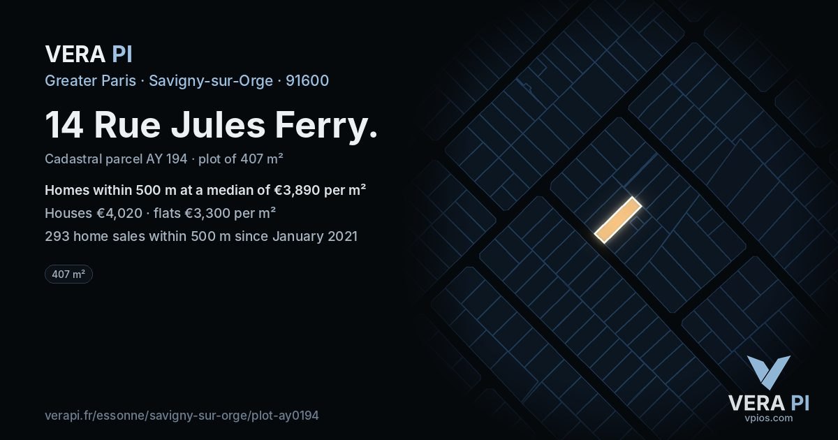 14 Rue Jules Ferry, Savigny-sur-Orge at night – the plot lit, the parcels around coloured by the prices near them