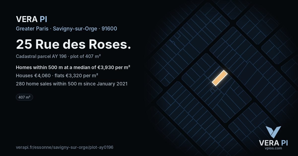 25 Rue des Roses, Savigny-sur-Orge at night – the plot lit, the parcels around coloured by the prices near them