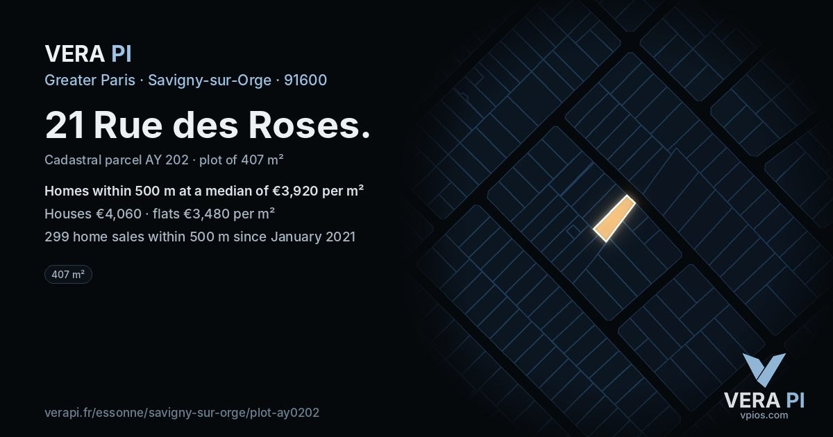 21 Rue des Roses, Savigny-sur-Orge at night – the plot lit, the parcels around coloured by the prices near them