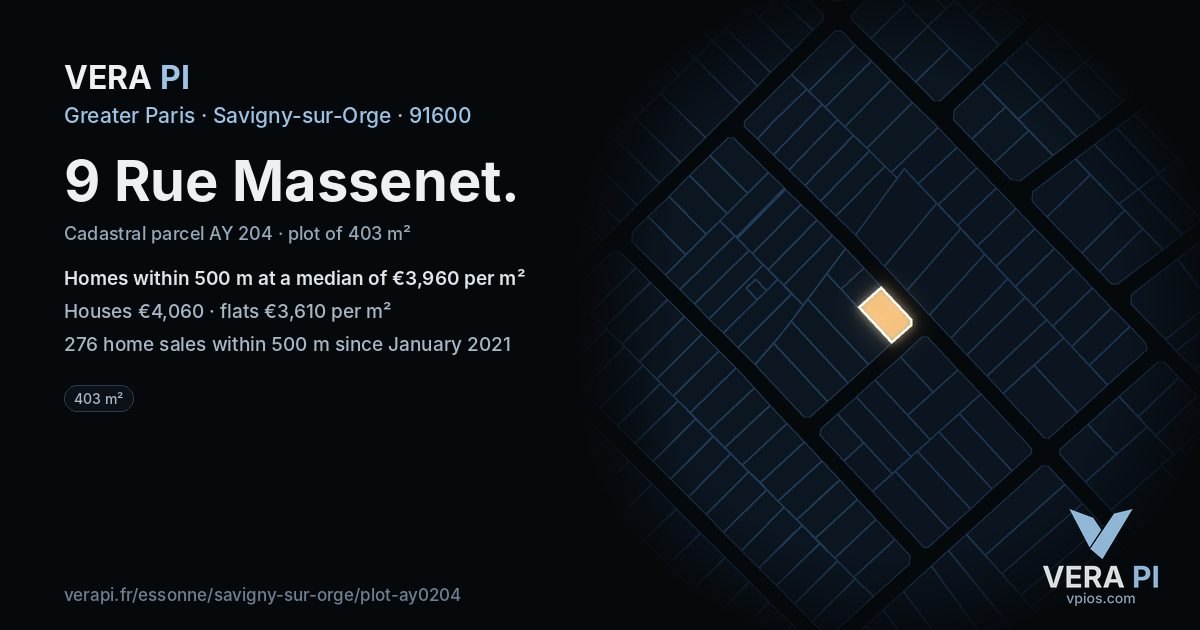 9 Rue Massenet, Savigny-sur-Orge at night – the plot lit, the parcels around coloured by the prices near them