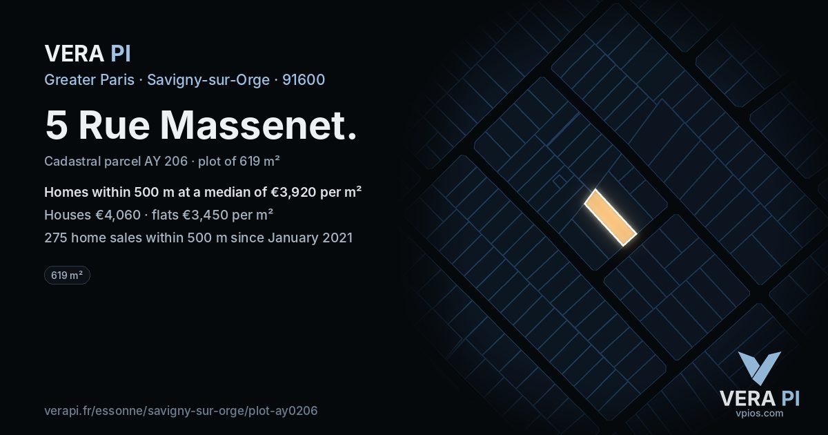 5 Rue Massenet, Savigny-sur-Orge at night – the plot lit, the parcels around coloured by the prices near them