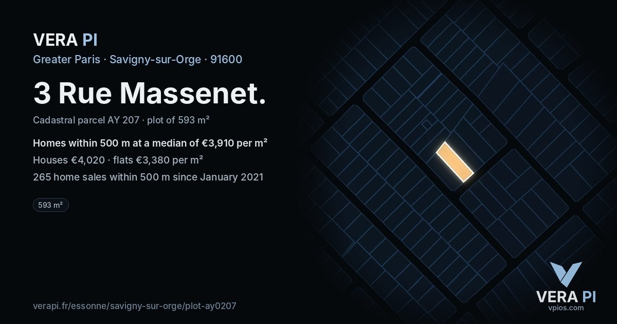 3 Rue Massenet, Savigny-sur-Orge at night – the plot lit, the parcels around coloured by the prices near them