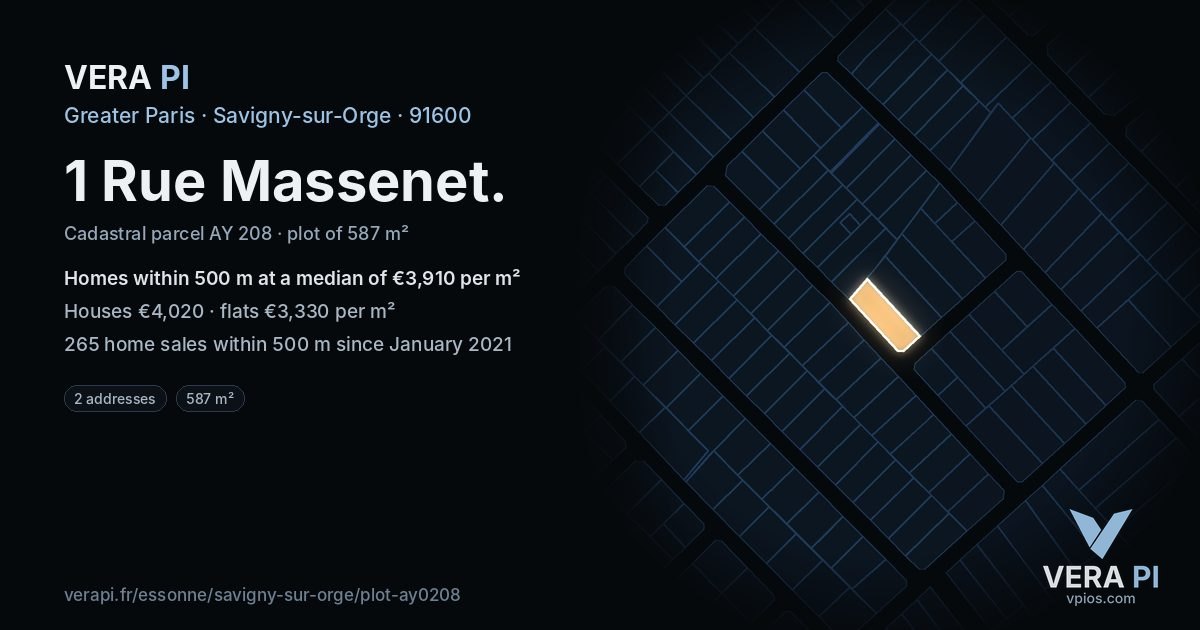 1 Rue Massenet, Savigny-sur-Orge at night – the plot lit, the parcels around coloured by the prices near them