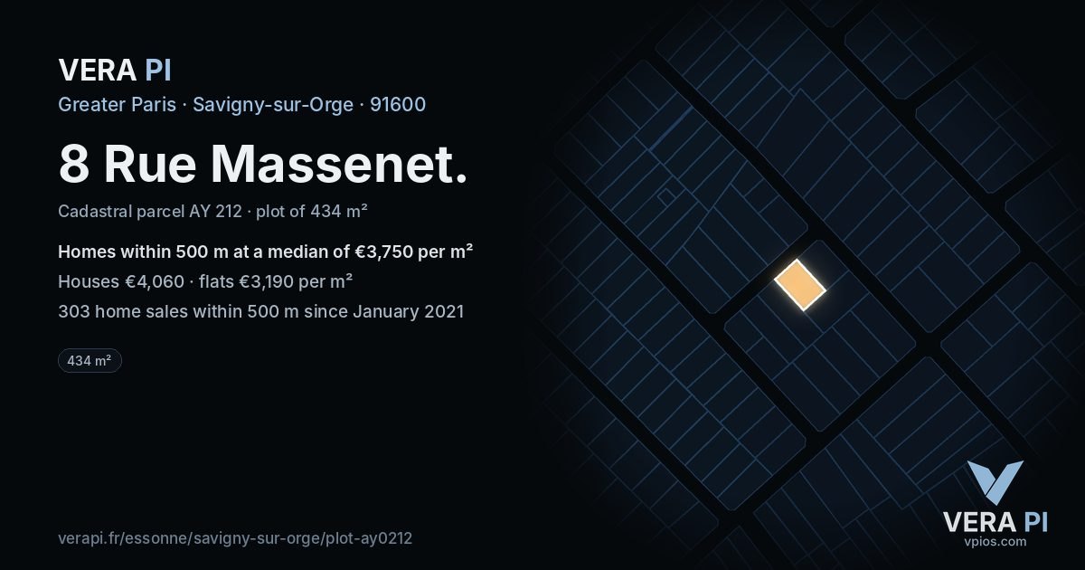8 Rue Massenet, Savigny-sur-Orge at night – the plot lit, the parcels around coloured by the prices near them