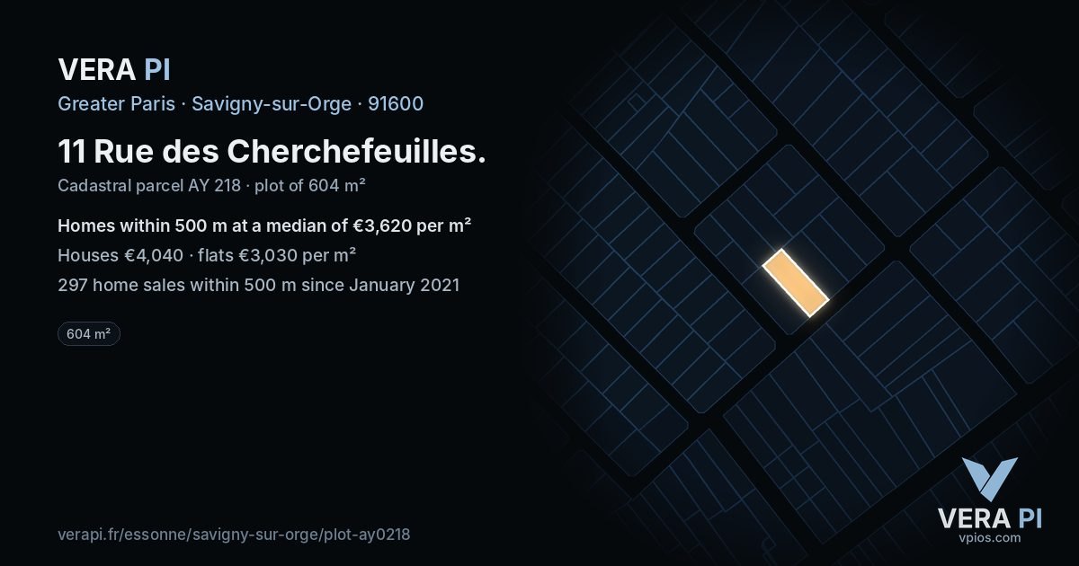 11 Rue des Cherchefeuilles, Savigny-sur-Orge at night – the plot lit, the parcels around coloured by the prices near them