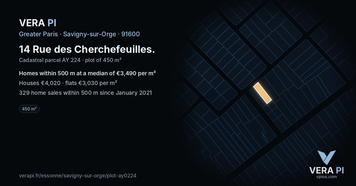 14 Rue des Cherchefeuilles, Savigny-sur-Orge at night – the plot lit, the parcels around coloured by the prices near them