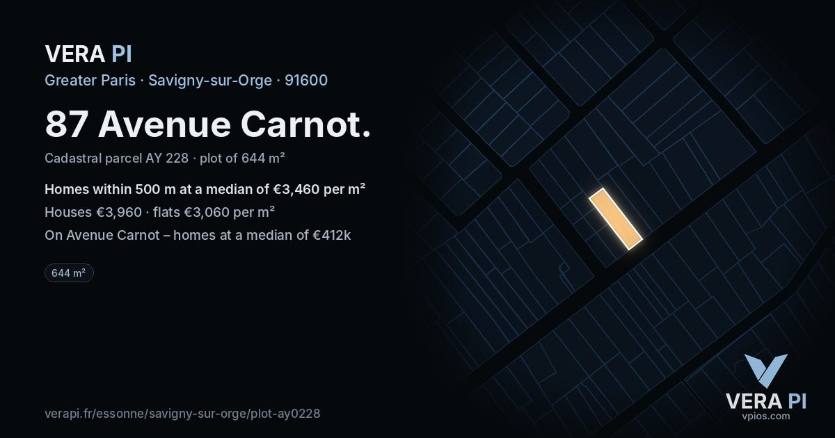 87 Avenue Carnot, Savigny-sur-Orge at night – the plot lit, the parcels around coloured by the prices near them