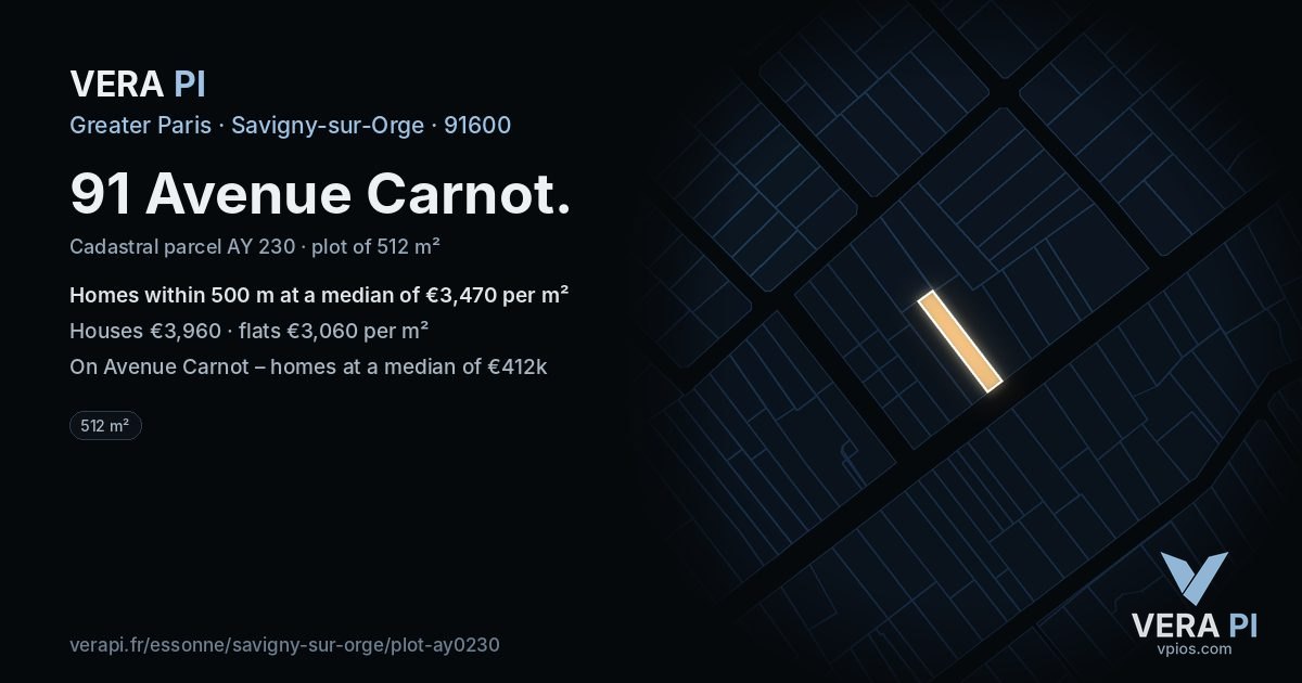 91 Avenue Carnot, Savigny-sur-Orge at night – the plot lit, the parcels around coloured by the prices near them