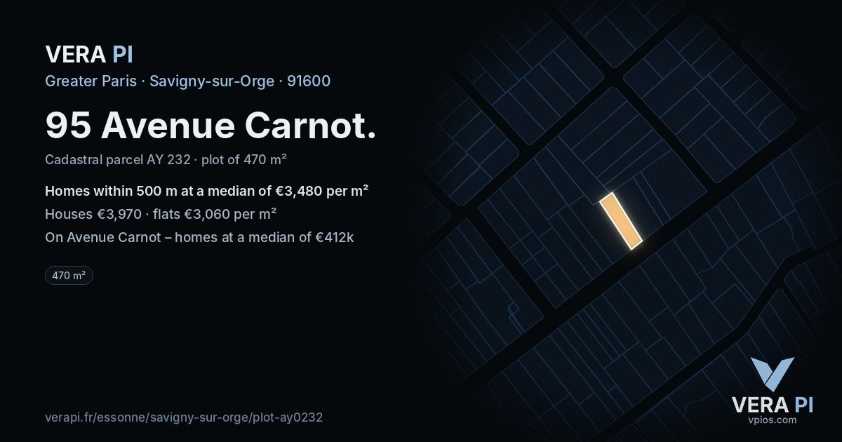 95 Avenue Carnot, Savigny-sur-Orge at night – the plot lit, the parcels around coloured by the prices near them