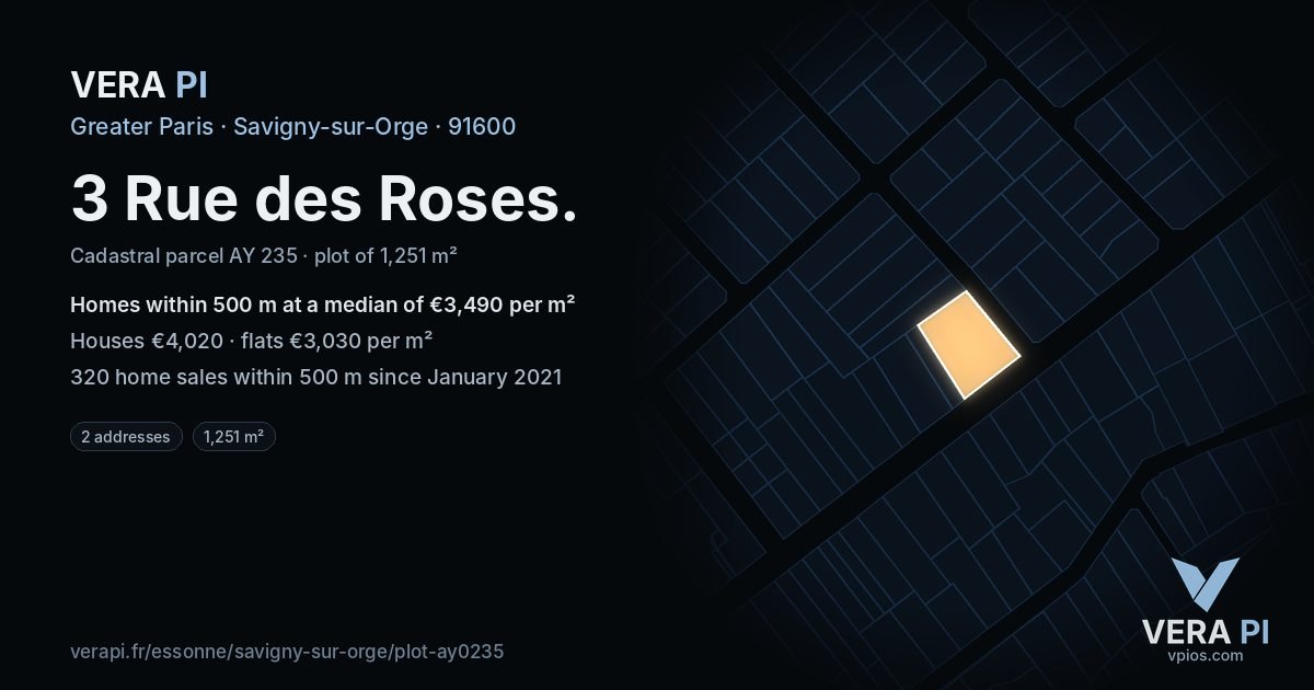 3 Rue des Roses, Savigny-sur-Orge at night – the plot lit, the parcels around coloured by the prices near them