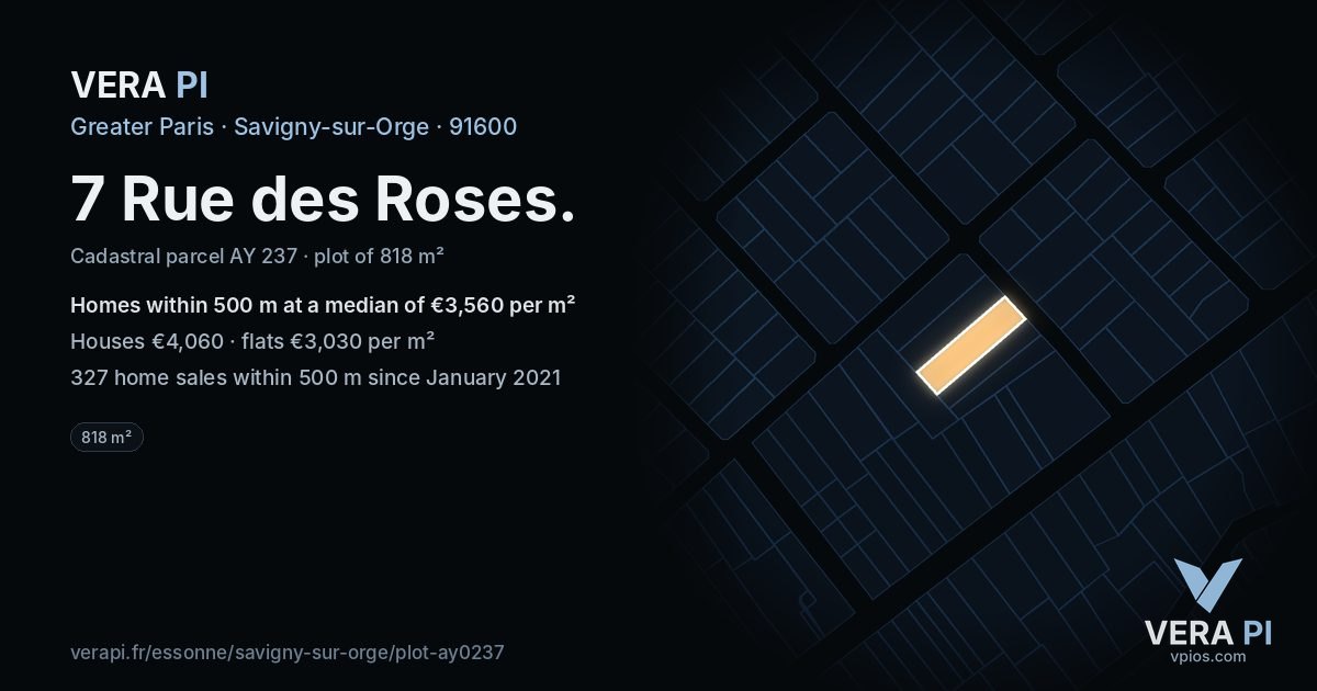7 Rue des Roses, Savigny-sur-Orge at night – the plot lit, the parcels around coloured by the prices near them