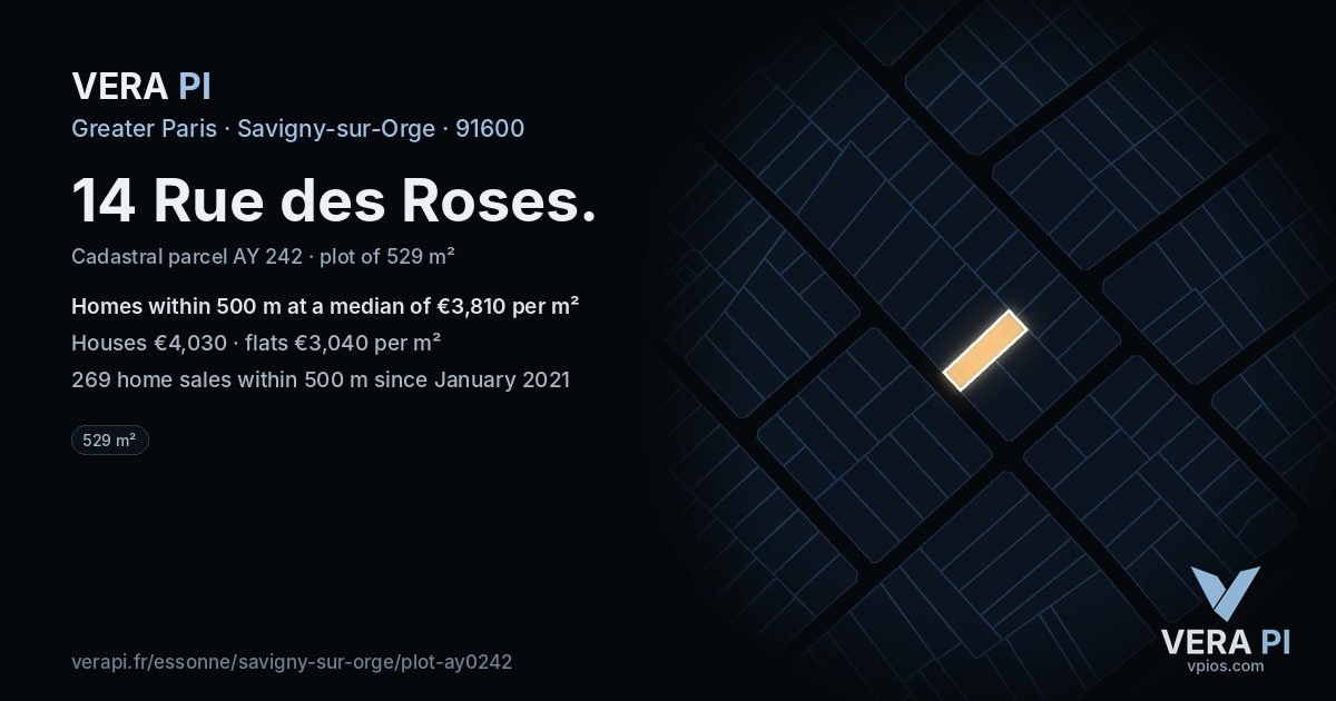 14 Rue des Roses, Savigny-sur-Orge at night – the plot lit, the parcels around coloured by the prices near them