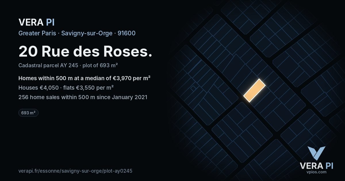 20 Rue des Roses, Savigny-sur-Orge at night – the plot lit, the parcels around coloured by the prices near them
