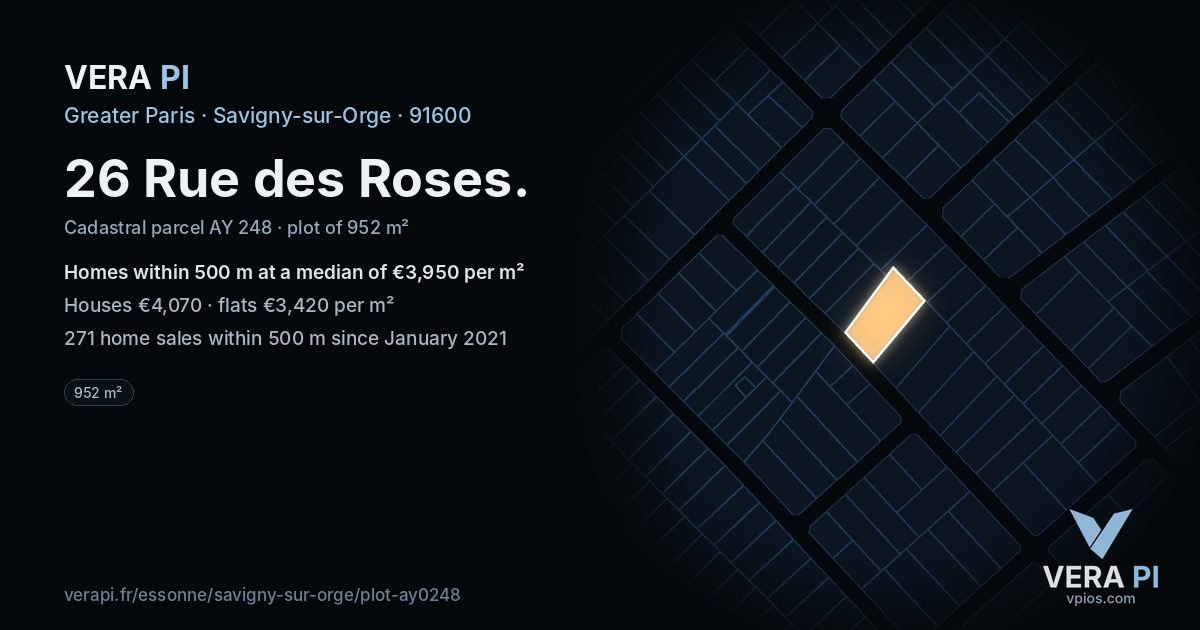 26 Rue des Roses, Savigny-sur-Orge at night – the plot lit, the parcels around coloured by the prices near them
