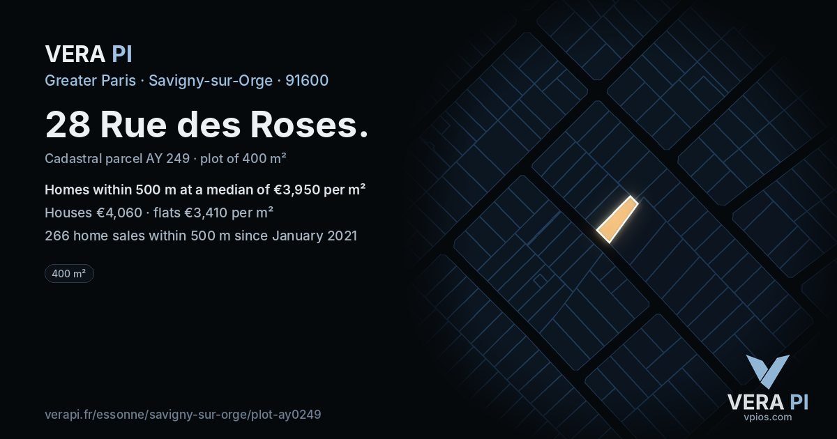 28 Rue des Roses, Savigny-sur-Orge at night – the plot lit, the parcels around coloured by the prices near them