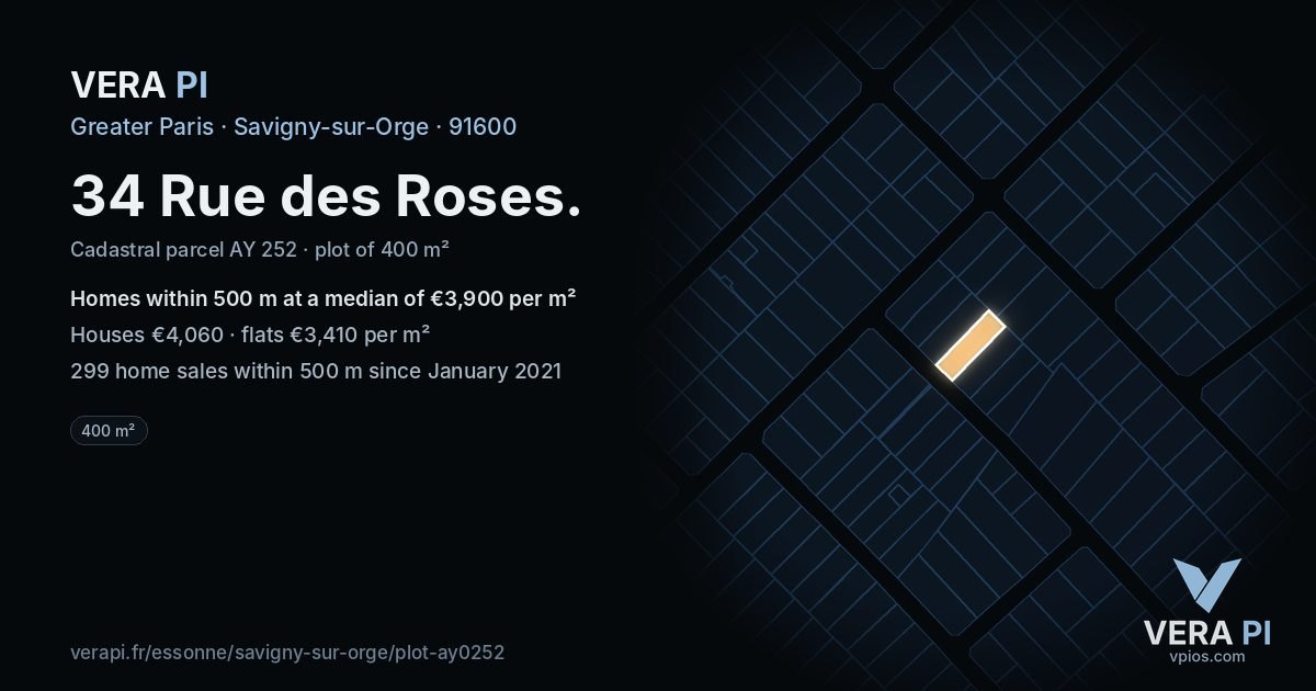 34 Rue des Roses, Savigny-sur-Orge at night – the plot lit, the parcels around coloured by the prices near them