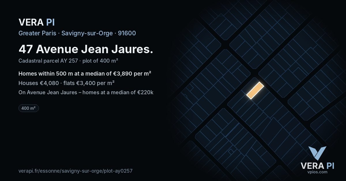 47 Avenue Jean Jaures, Savigny-sur-Orge at night – the plot lit, the parcels around coloured by the prices near them