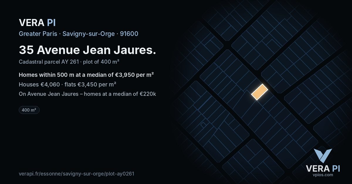 35 Avenue Jean Jaures, Savigny-sur-Orge at night – the plot lit, the parcels around coloured by the prices near them