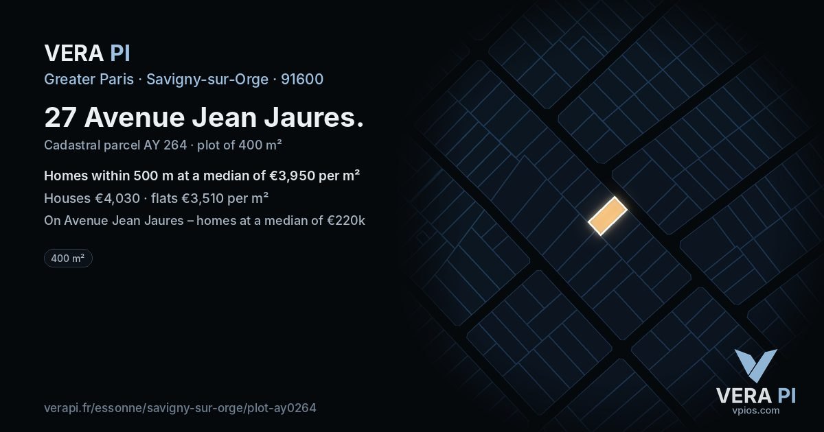27 Avenue Jean Jaures, Savigny-sur-Orge at night – the plot lit, the parcels around coloured by the prices near them