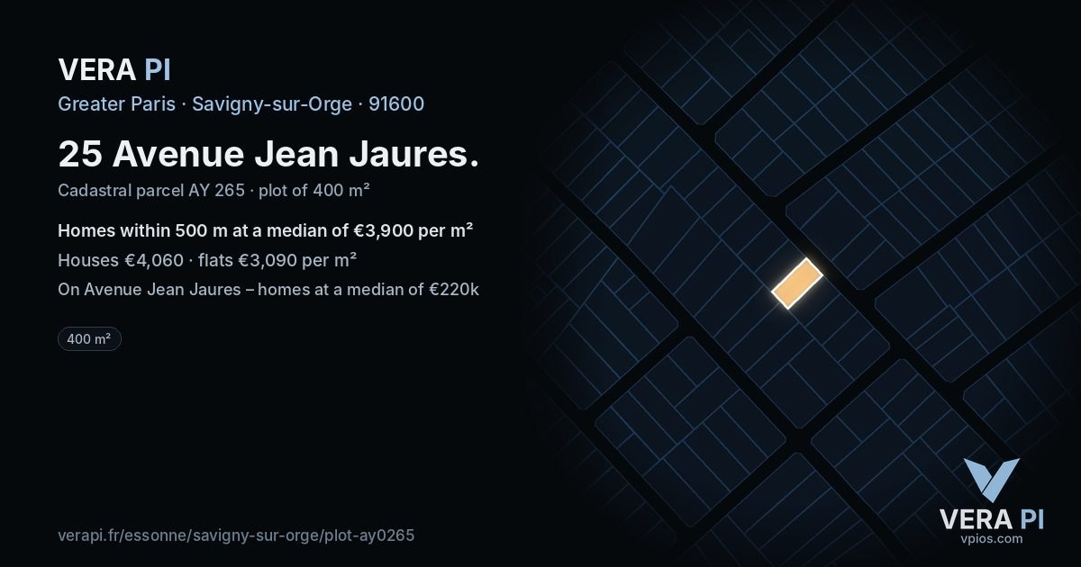 25 Avenue Jean Jaures, Savigny-sur-Orge at night – the plot lit, the parcels around coloured by the prices near them