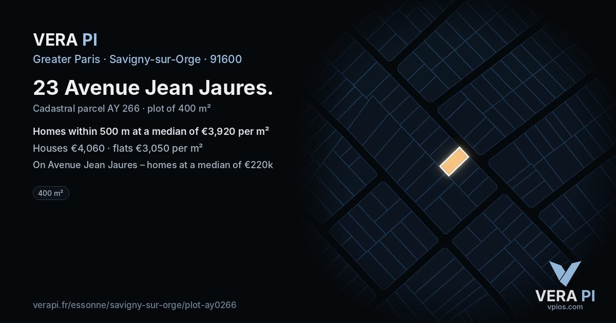 23 Avenue Jean Jaures, Savigny-sur-Orge at night – the plot lit, the parcels around coloured by the prices near them