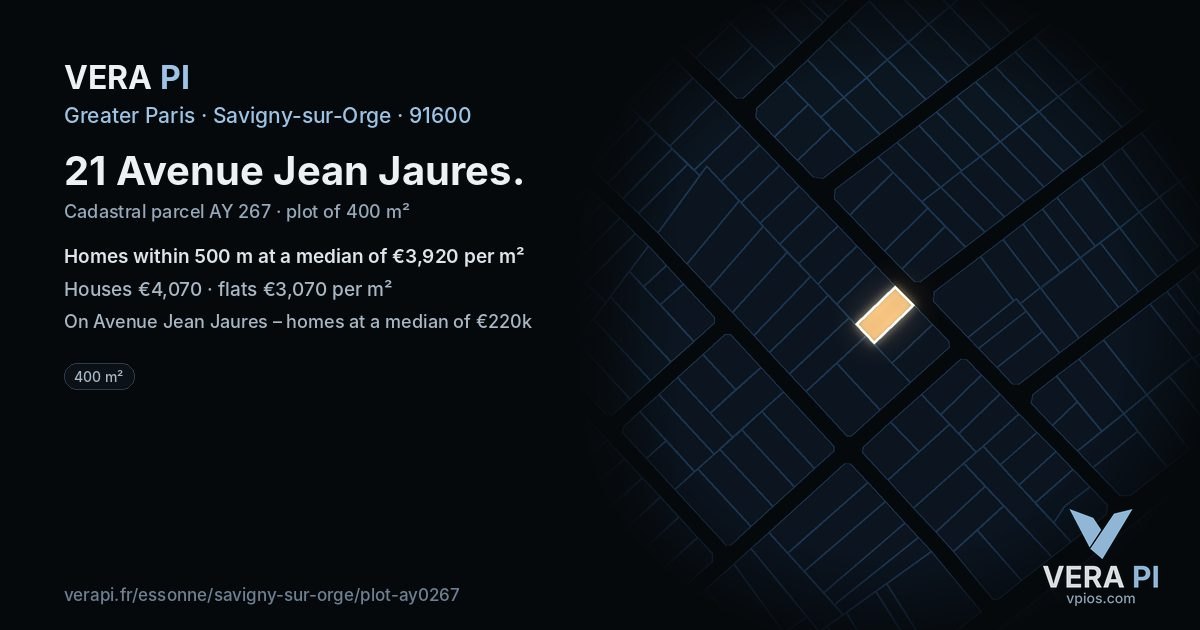 21 Avenue Jean Jaures, Savigny-sur-Orge at night – the plot lit, the parcels around coloured by the prices near them