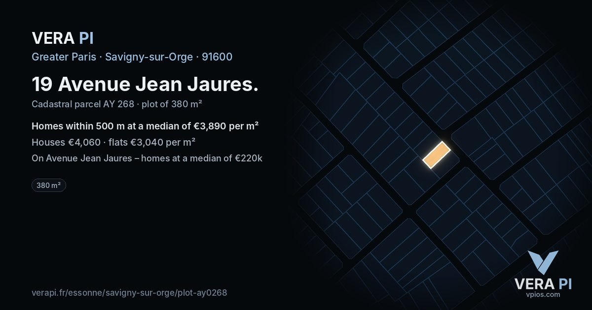 19 Avenue Jean Jaures, Savigny-sur-Orge at night – the plot lit, the parcels around coloured by the prices near them