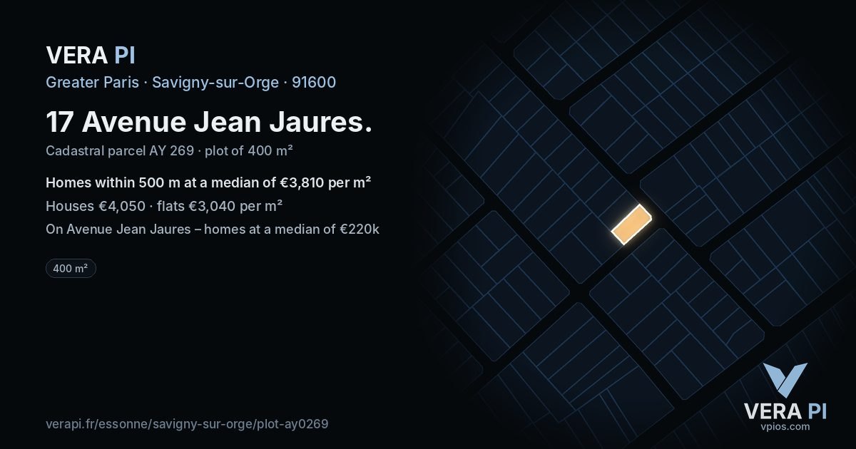 17 Avenue Jean Jaures, Savigny-sur-Orge at night – the plot lit, the parcels around coloured by the prices near them