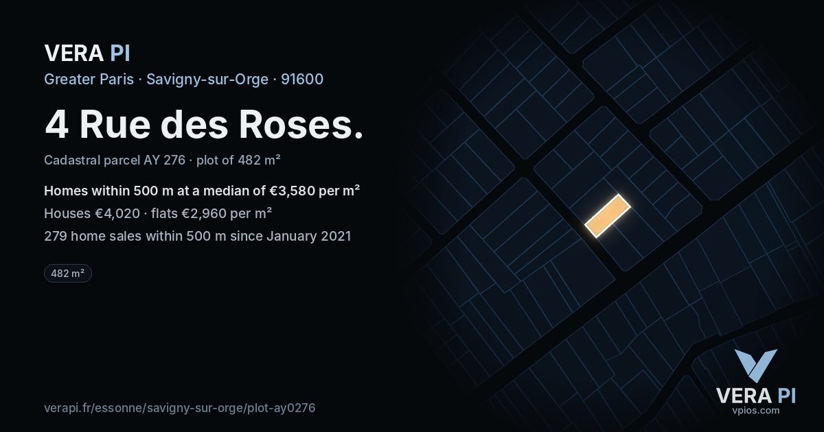 4 Rue des Roses, Savigny-sur-Orge at night – the plot lit, the parcels around coloured by the prices near them