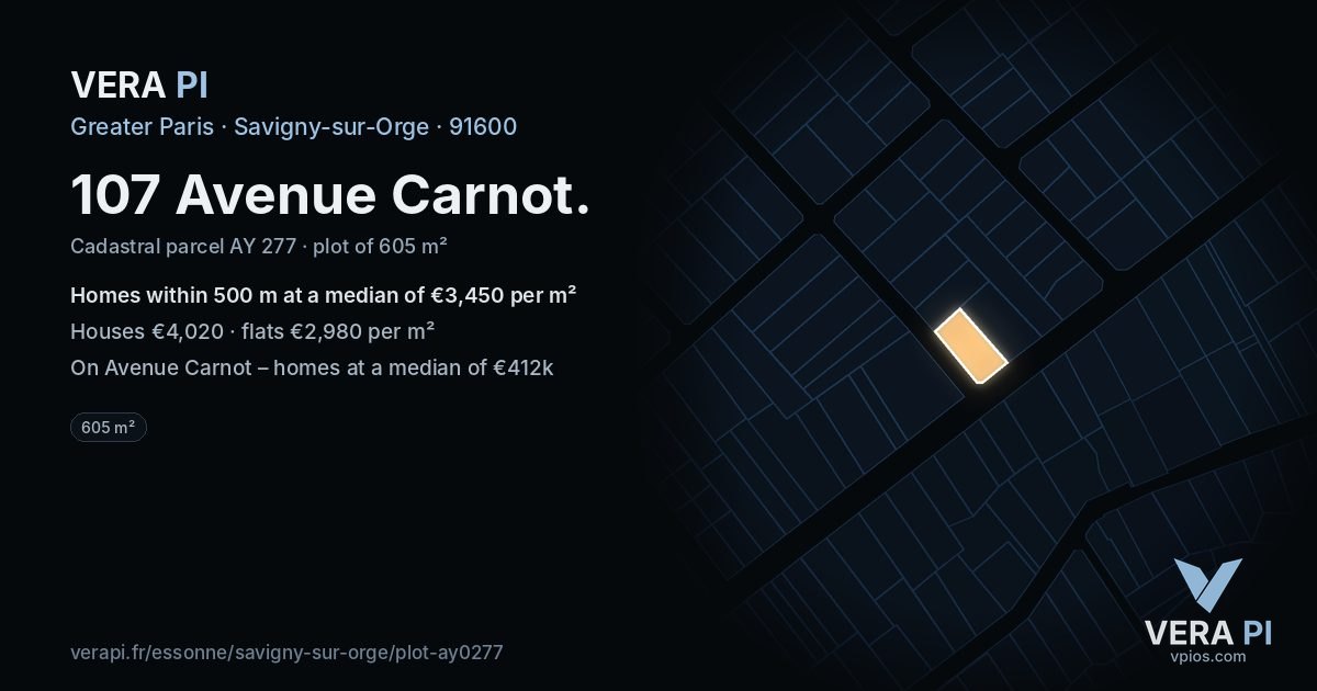 107 Avenue Carnot, Savigny-sur-Orge at night – the plot lit, the parcels around coloured by the prices near them