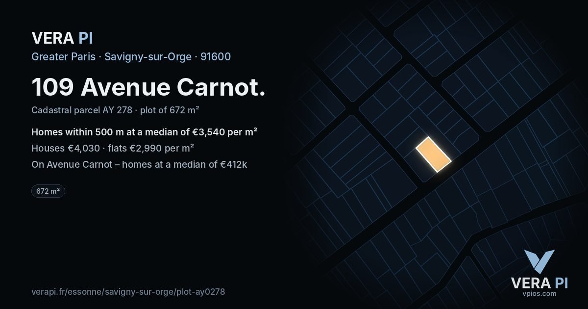 109 Avenue Carnot, Savigny-sur-Orge at night – the plot lit, the parcels around coloured by the prices near them