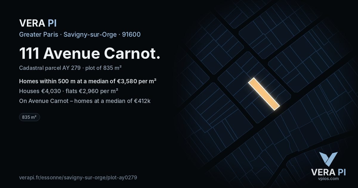 111 Avenue Carnot, Savigny-sur-Orge at night – the plot lit, the parcels around coloured by the prices near them