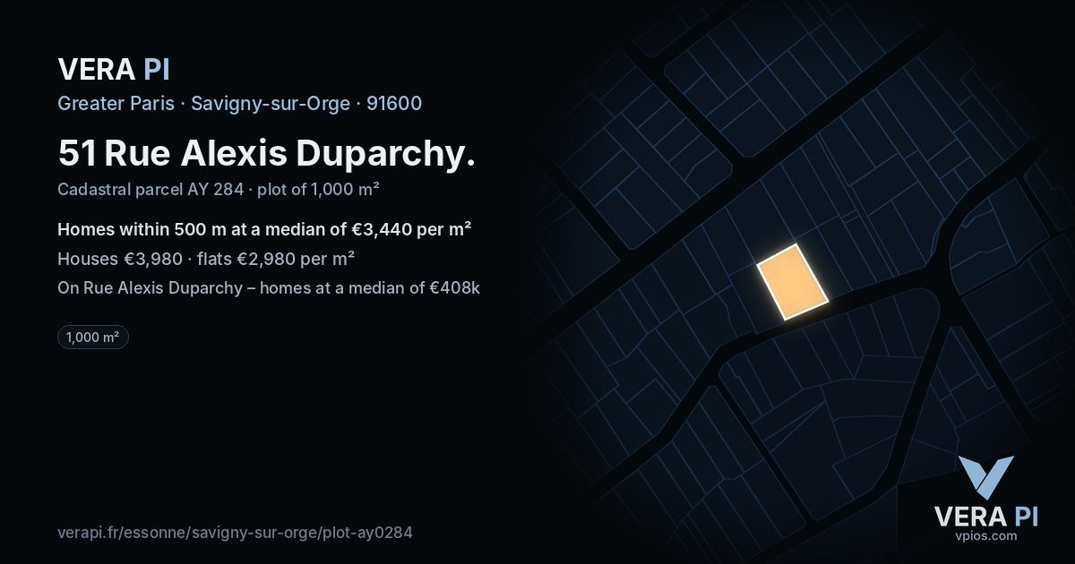 51 Rue Alexis Duparchy, Savigny-sur-Orge at night – the plot lit, the parcels around coloured by the prices near them