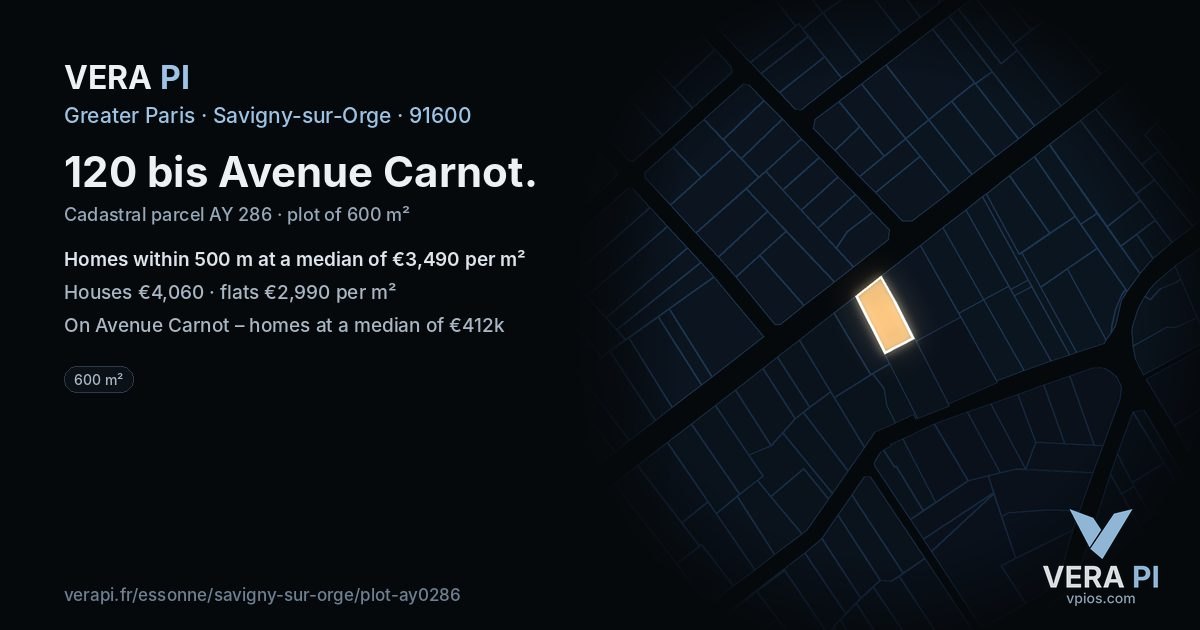 120 bis Avenue Carnot, Savigny-sur-Orge at night – the plot lit, the parcels around coloured by the prices near them