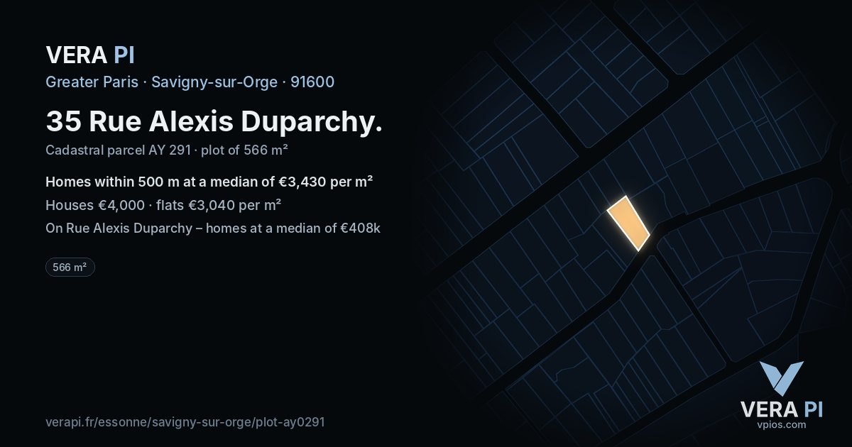 35 Rue Alexis Duparchy, Savigny-sur-Orge at night – the plot lit, the parcels around coloured by the prices near them