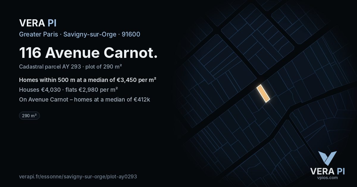 116 Avenue Carnot, Savigny-sur-Orge at night – the plot lit, the parcels around coloured by the prices near them