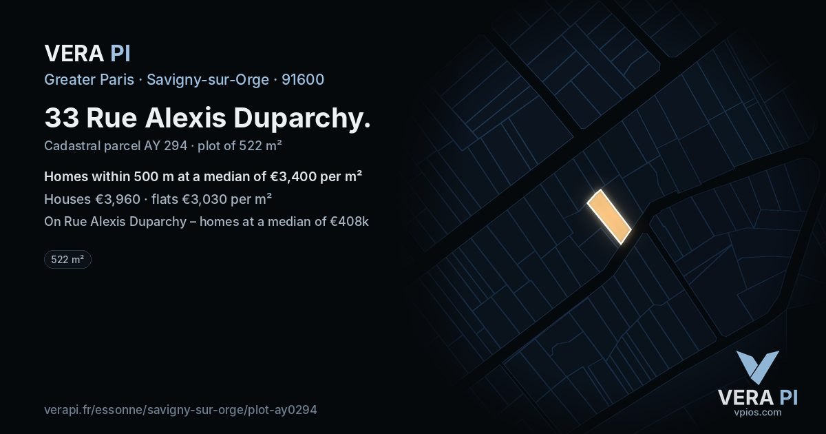 33 Rue Alexis Duparchy, Savigny-sur-Orge at night – the plot lit, the parcels around coloured by the prices near them