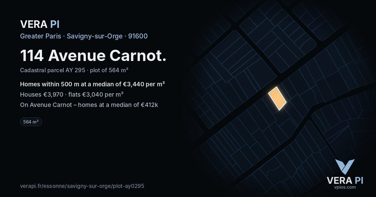 114 Avenue Carnot, Savigny-sur-Orge at night – the plot lit, the parcels around coloured by the prices near them