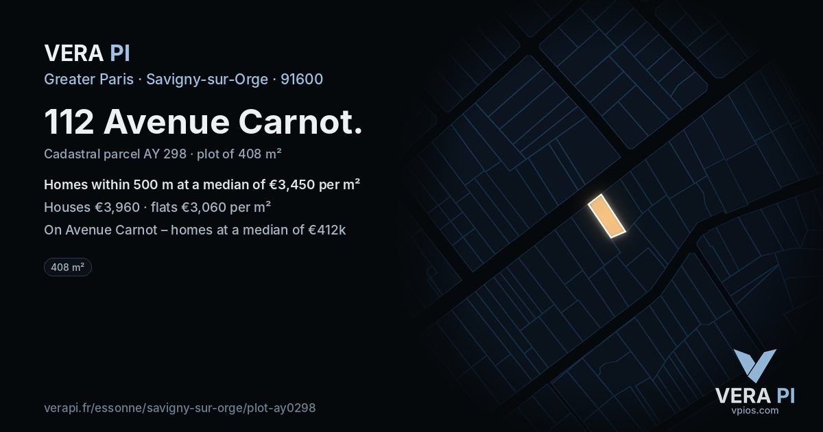 112 Avenue Carnot, Savigny-sur-Orge at night – the plot lit, the parcels around coloured by the prices near them