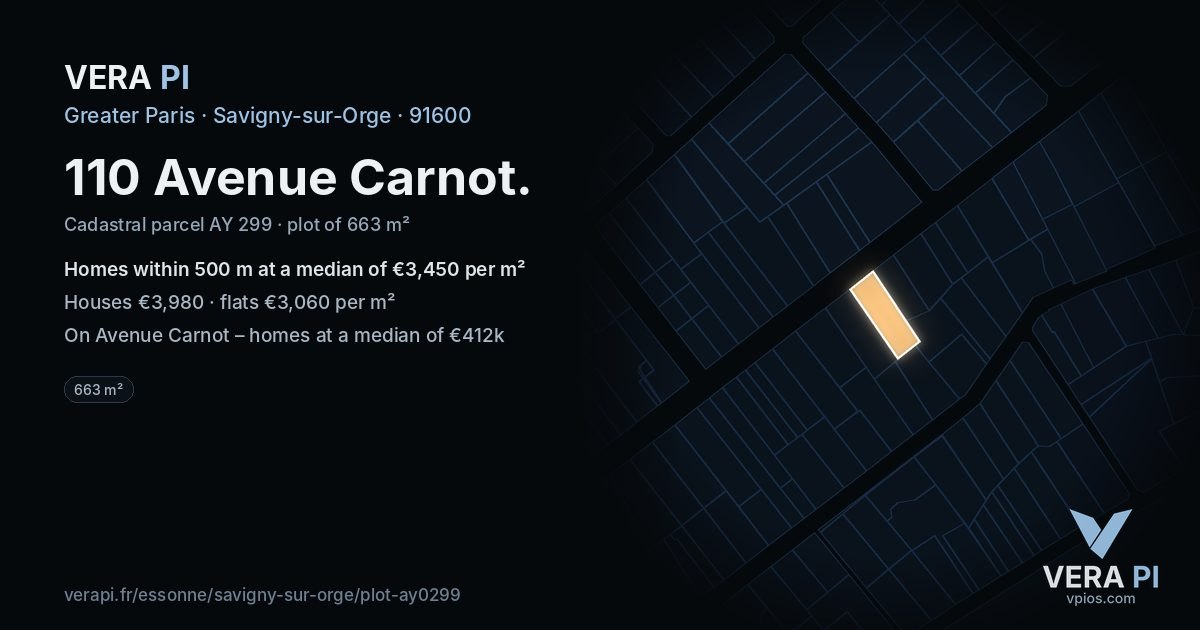 110 Avenue Carnot, Savigny-sur-Orge at night – the plot lit, the parcels around coloured by the prices near them