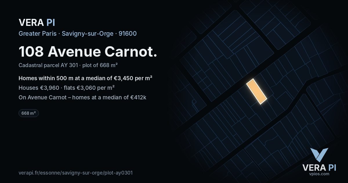 108 Avenue Carnot, Savigny-sur-Orge at night – the plot lit, the parcels around coloured by the prices near them