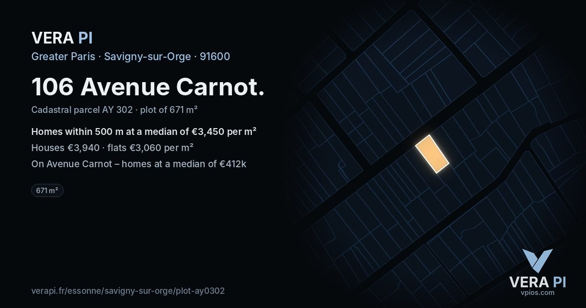 106 Avenue Carnot, Savigny-sur-Orge at night – the plot lit, the parcels around coloured by the prices near them