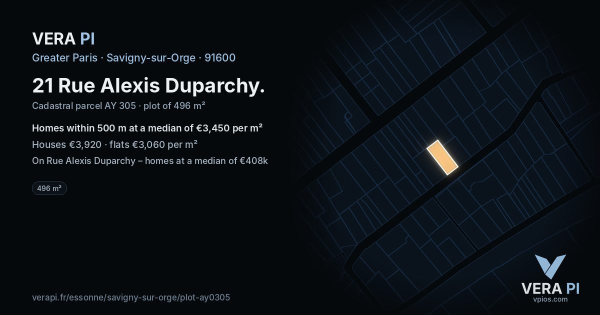 21 Rue Alexis Duparchy, Savigny-sur-Orge at night – the plot lit, the parcels around coloured by the prices near them