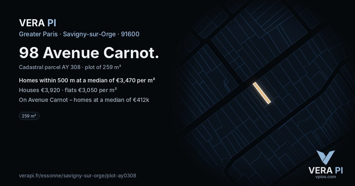98 Avenue Carnot, Savigny-sur-Orge at night – the plot lit, the parcels around coloured by the prices near them