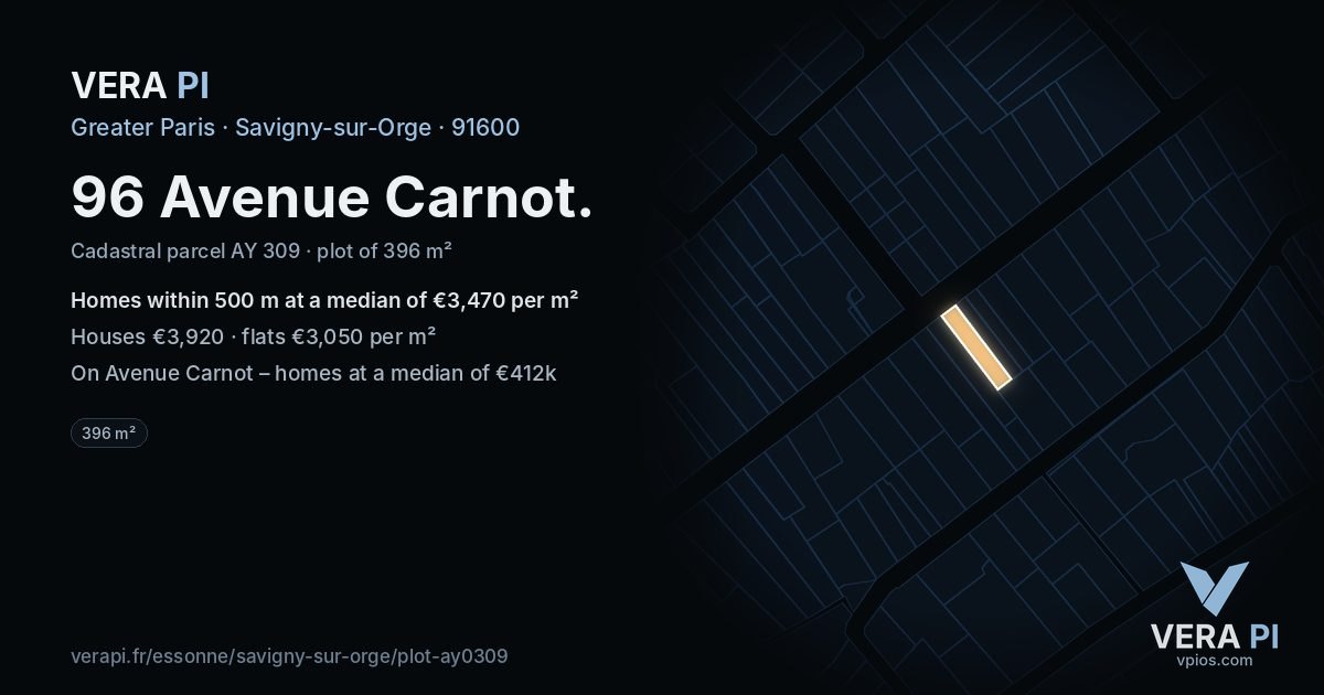 96 Avenue Carnot, Savigny-sur-Orge at night – the plot lit, the parcels around coloured by the prices near them