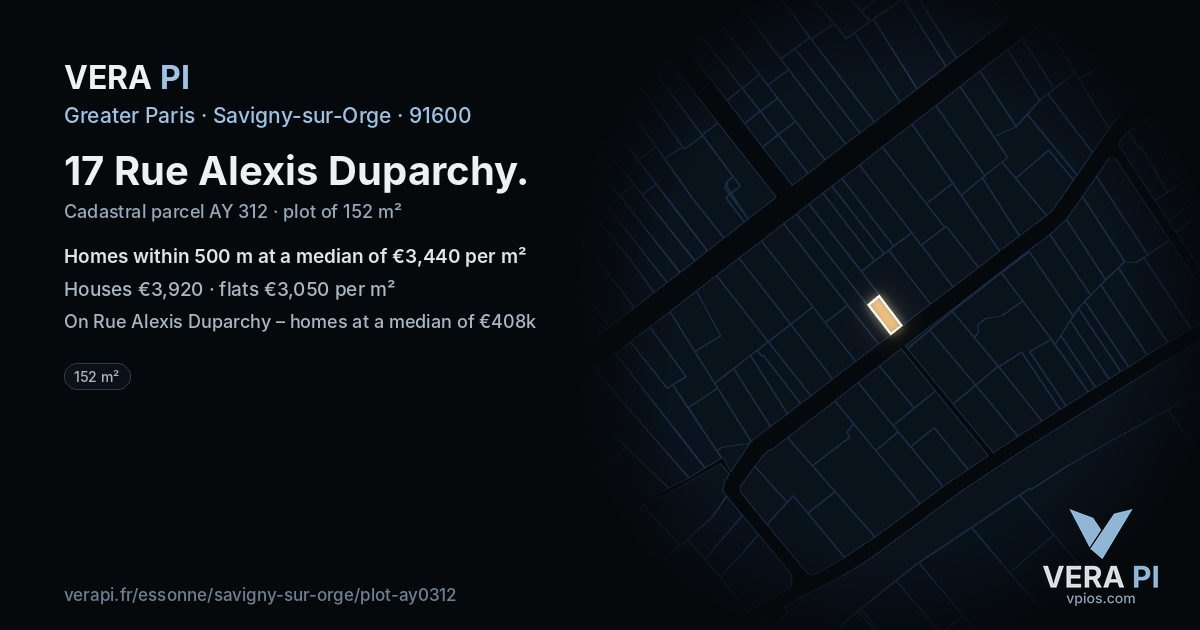 17 Rue Alexis Duparchy, Savigny-sur-Orge at night – the plot lit, the parcels around coloured by the prices near them
