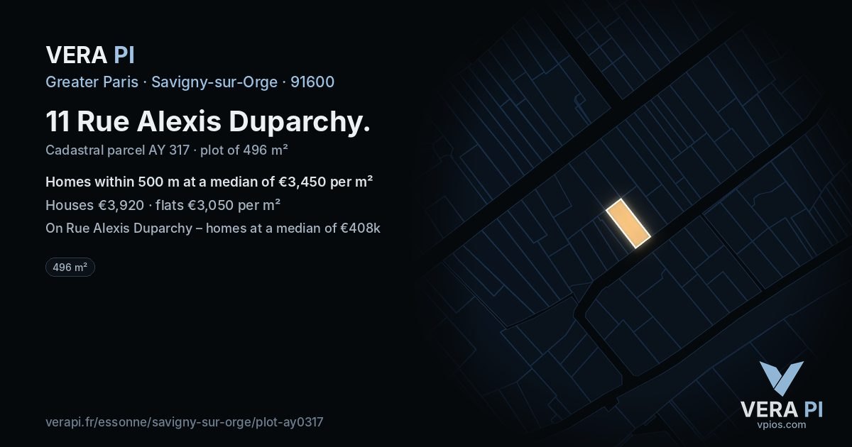 11 Rue Alexis Duparchy, Savigny-sur-Orge at night – the plot lit, the parcels around coloured by the prices near them